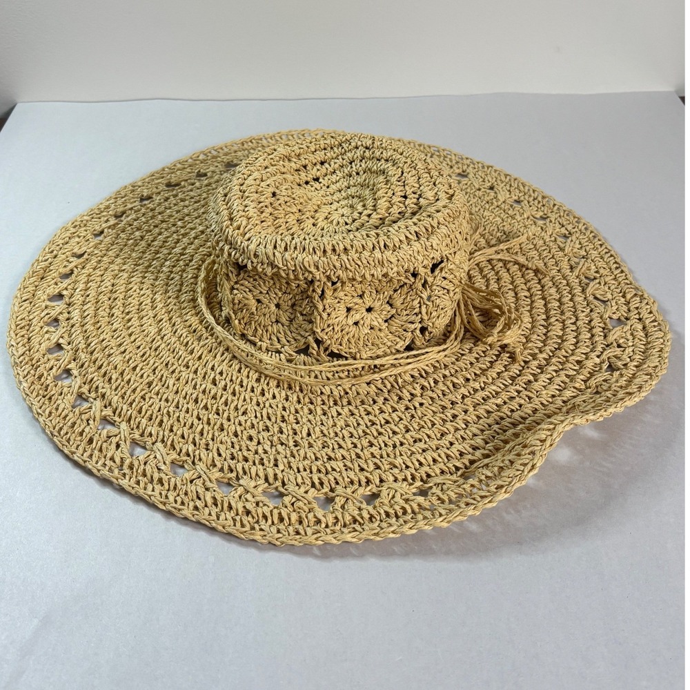 Kate Landry Womens Tan Woven Straw Wide Brim Sun Hat Crochet Packable Beach Hat